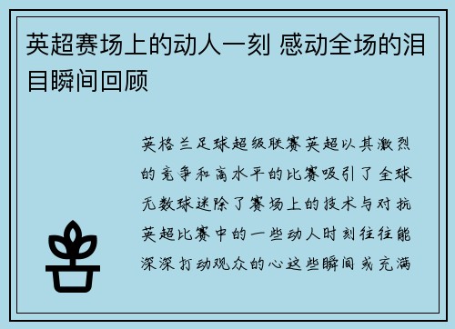 英超赛场上的动人一刻 感动全场的泪目瞬间回顾